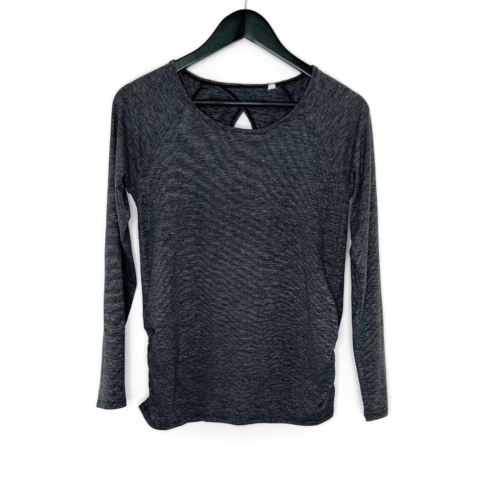 Lucy Top Long Sleeve Scoop Neck Open Back Gray Black Striped Shirt